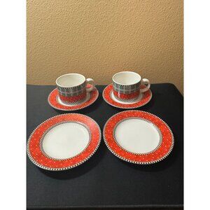 Debbie Mumm Oneida Frosty Folks 2 Coffee Cup & 4 Saucer Set Red Black White